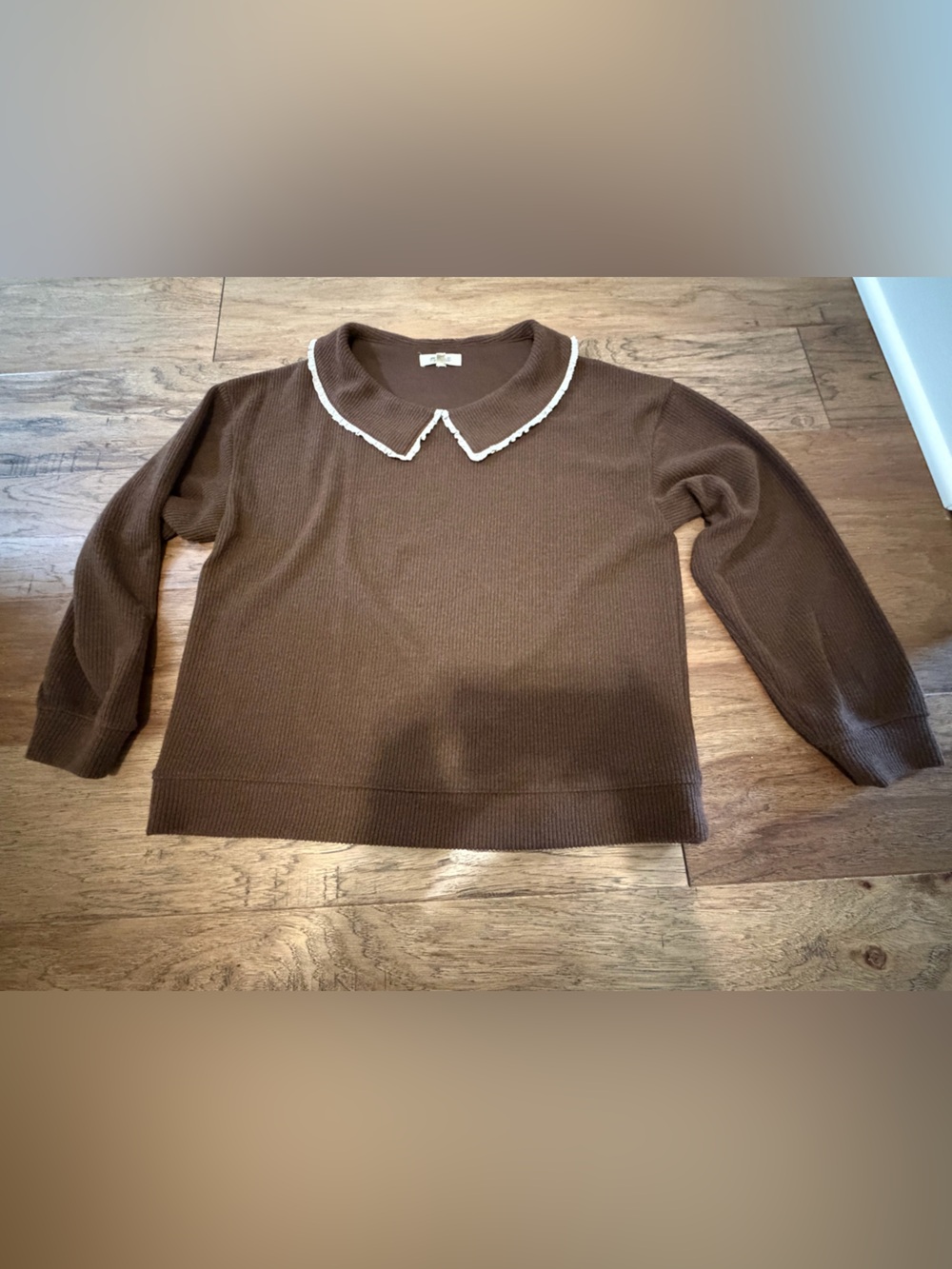 Madewell Brown Crewneck Sweater with White-Trim Lace Collar